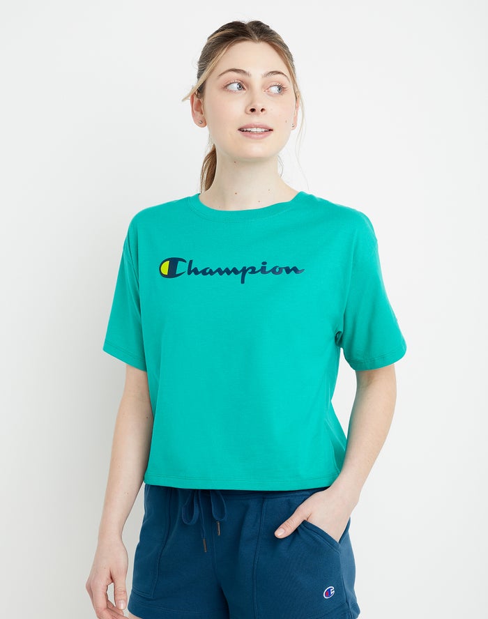 Champion Cropped Script Logo Kadın Tişört Turkuaz ( EQVJTX752 )